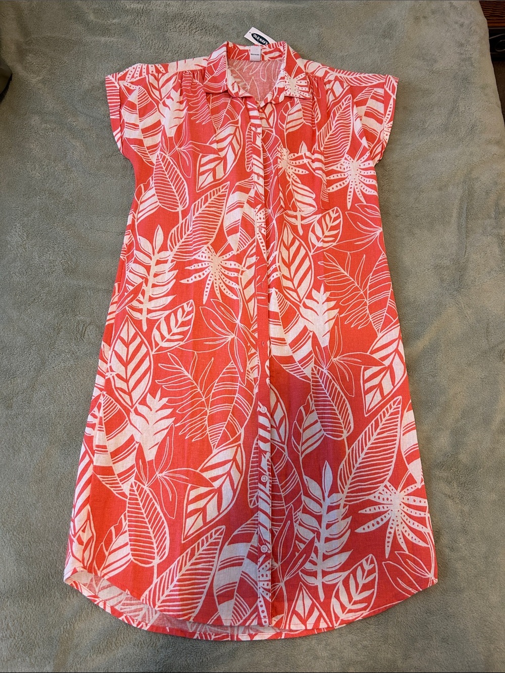 Old Navy Coral and White Tropical Linen Blend Shirt Dress Small Tall